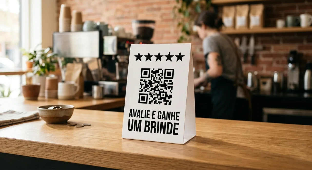Placa "Avalie e Ganhe um Brinde" com QR code do Google