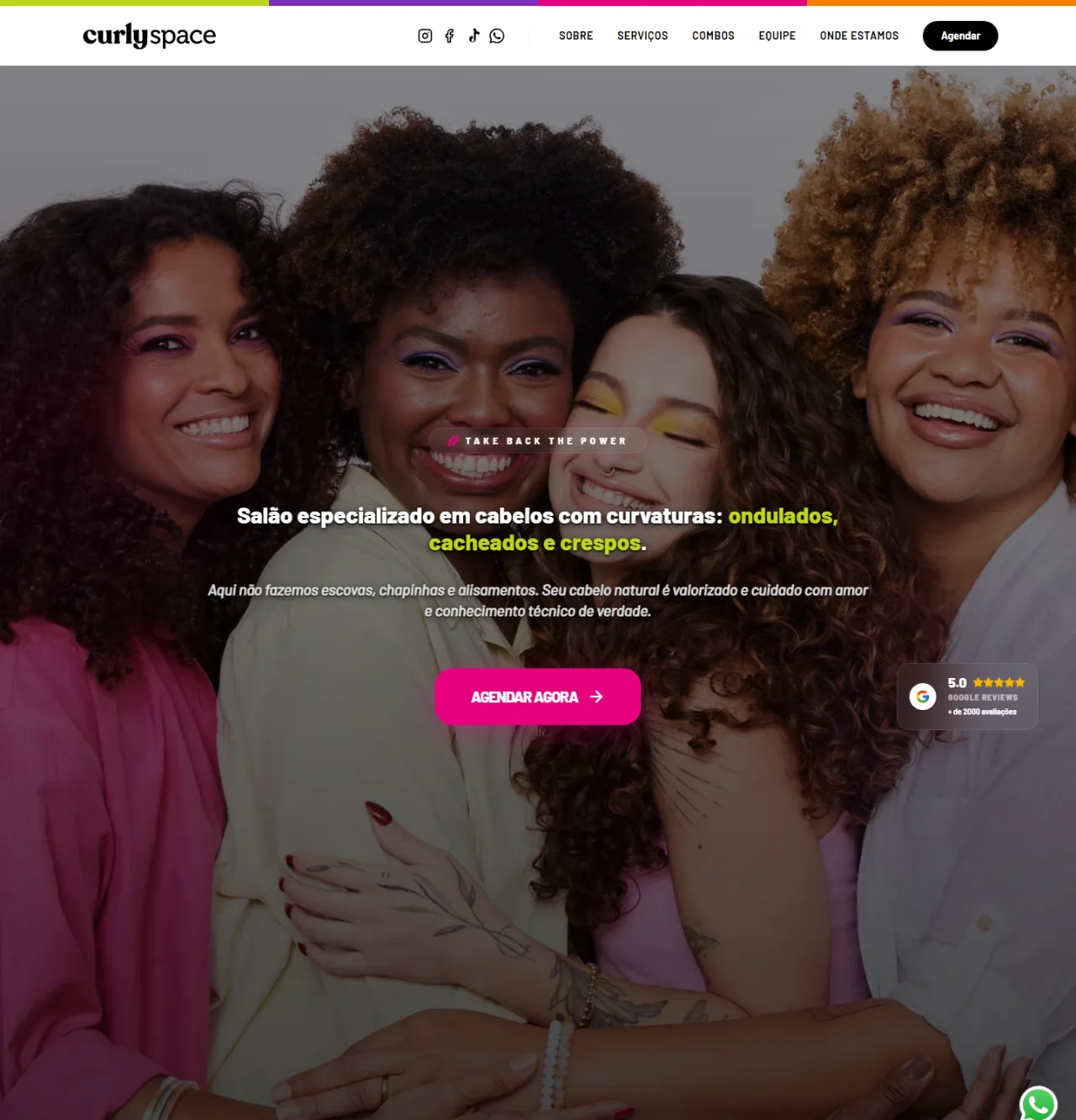 Site da Curly Space refeito pela Regex — salão especializado em cabelos ondulados, cacheados e crespos