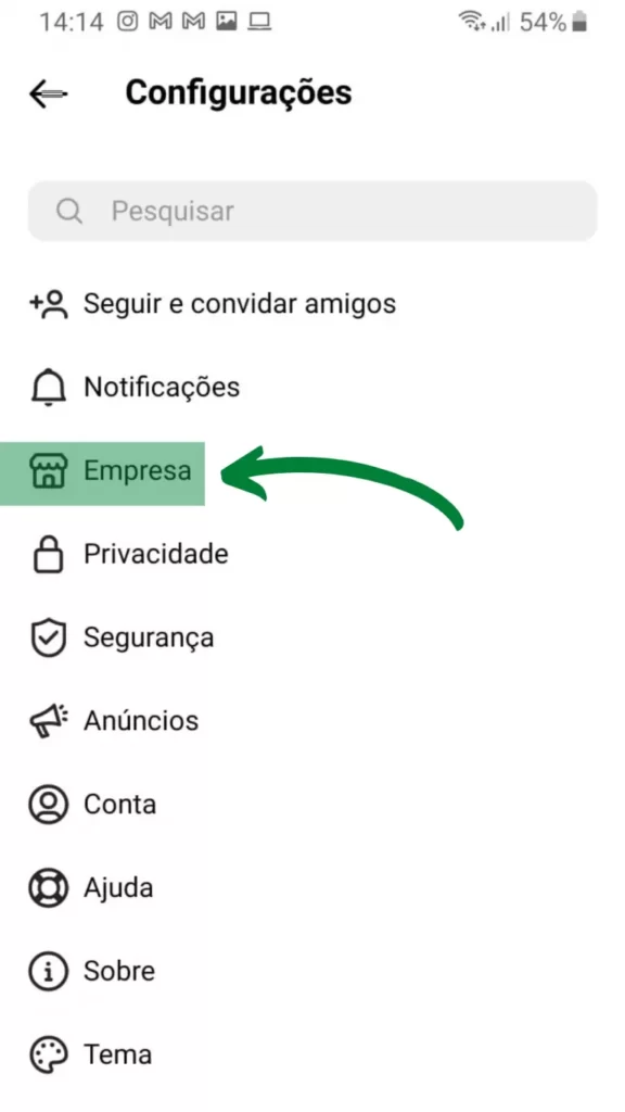 configurações empresa instagram