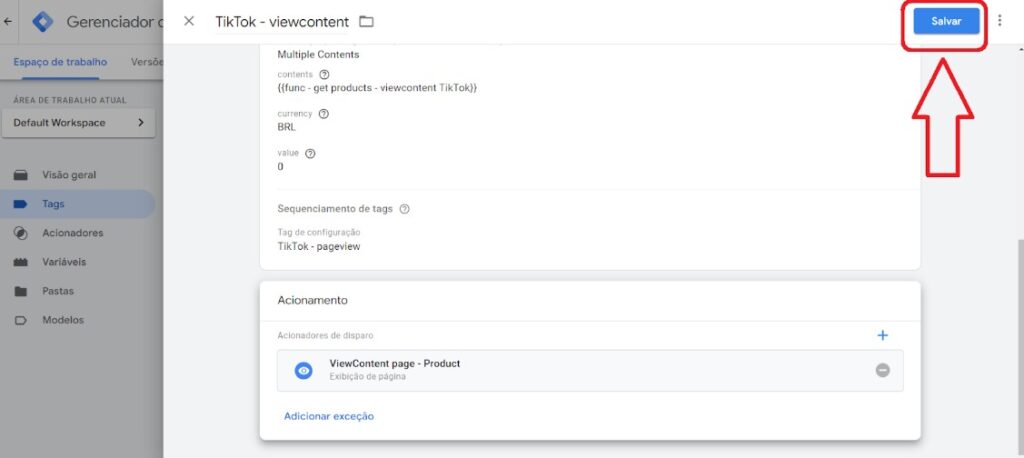 Google Tag Manager - evento viewcontent - passo 12